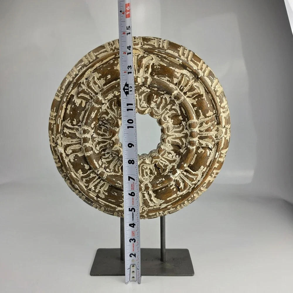 Pottery Barn Hand Carved Mango Wood Architectural Medallion Iron‎ Stand Retired